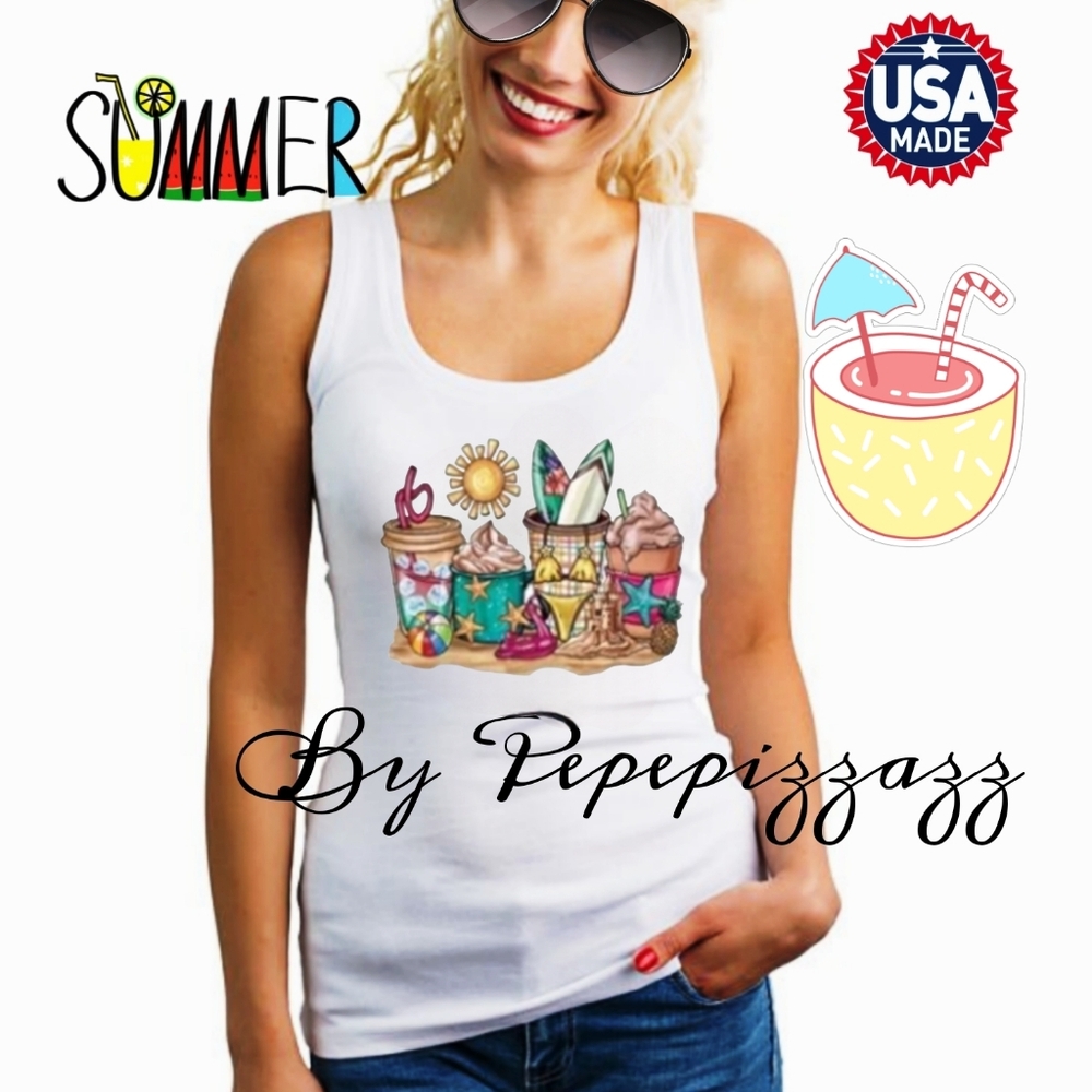 NWT BEACH VIBES Tank Top Handmade DTF GRAPHICS COMFY COTTON